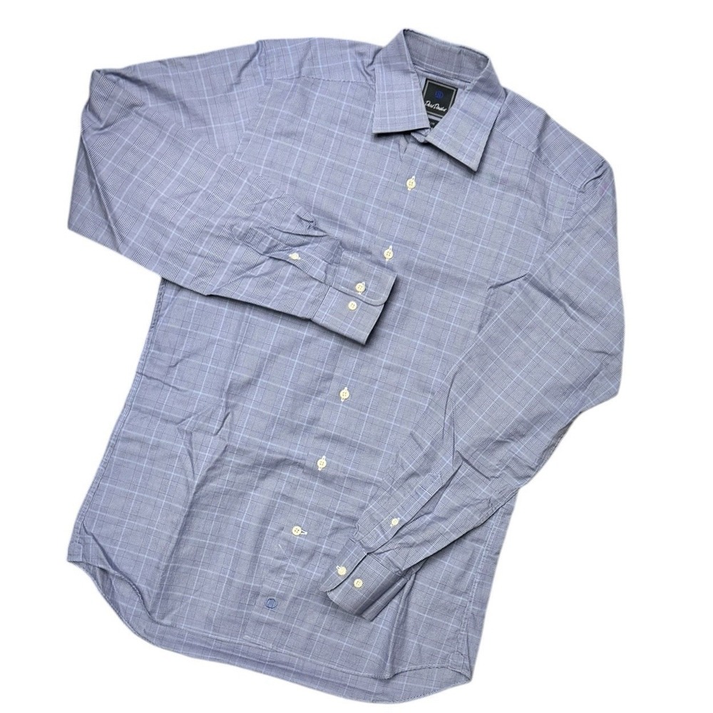 David Donahue Trim Fit Mens Dress Shirt Blue Plaid Button Up 15.5 34/35 Small‎